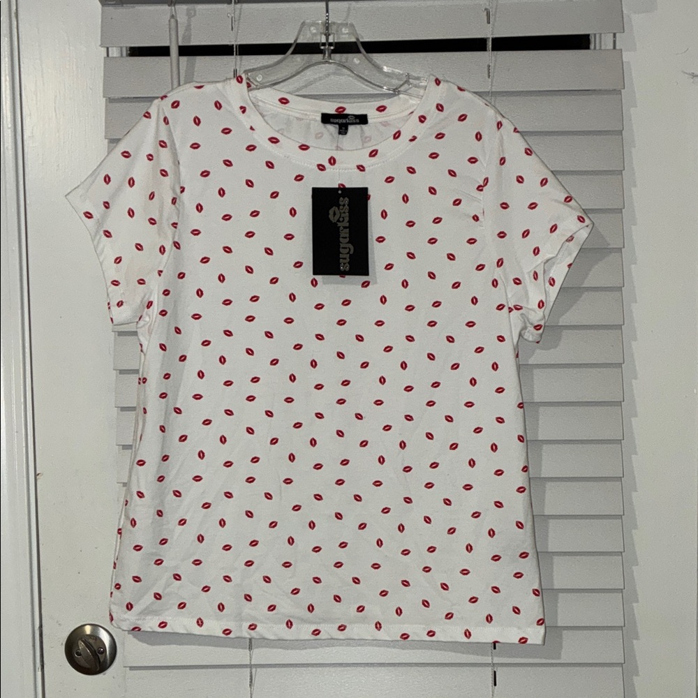 Chic White Tee with Red Lips
